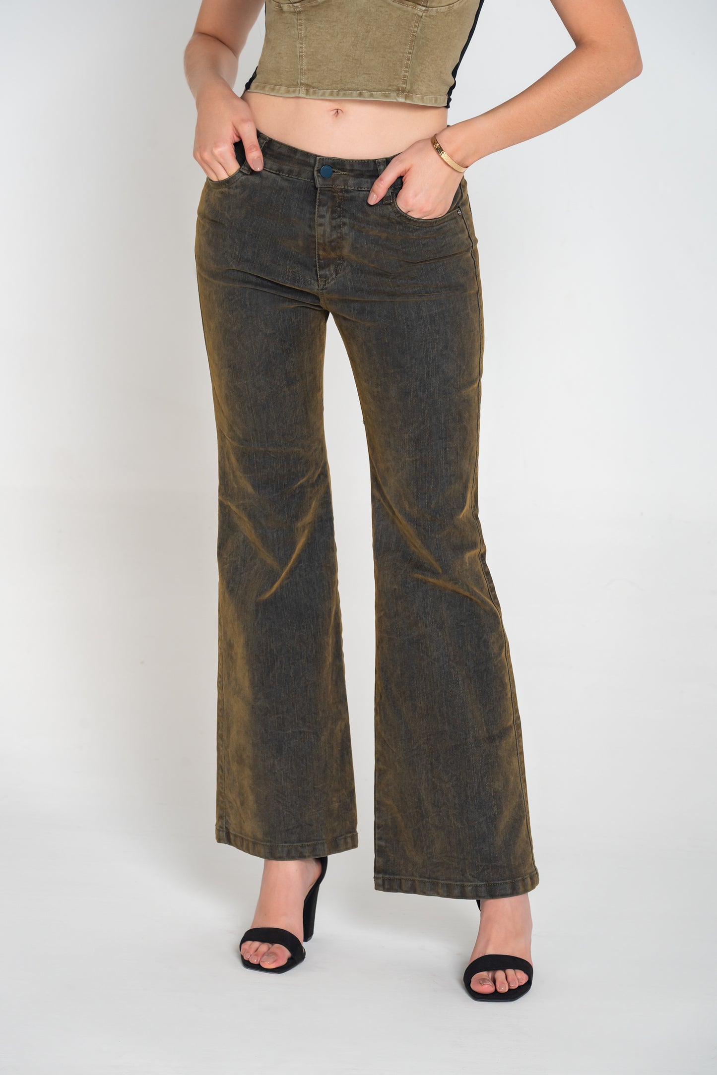 Pantalón Tiro Alto 1 Botón - Bota Palazzo - Tela Gamuzada Denim Ref 1813