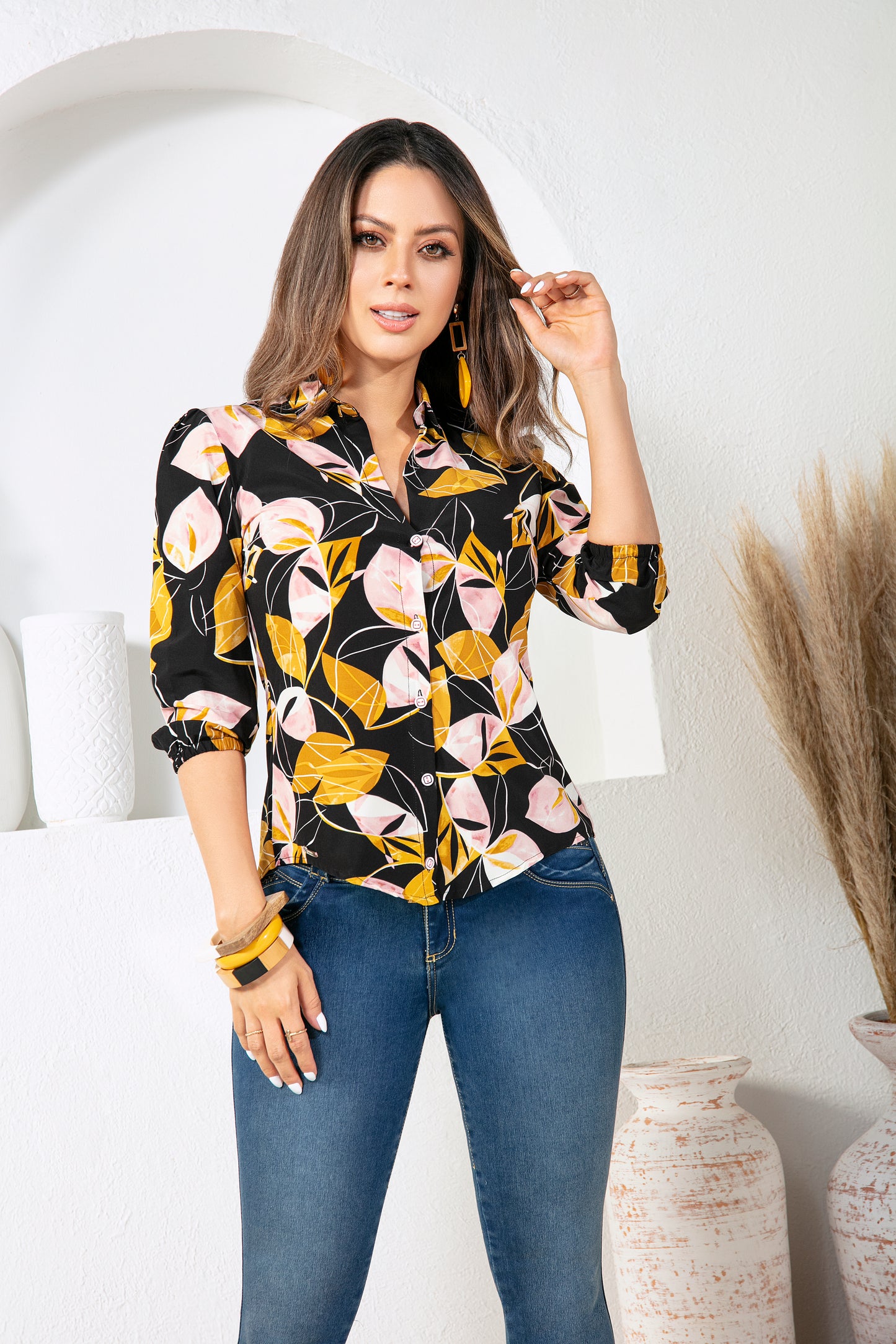 Blusa Estampada Negra - Mostaza Ref A-335