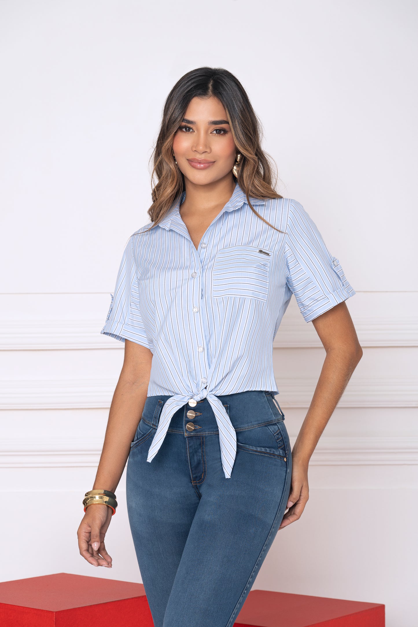 Blusa Azul Rayas Popelina Ref A-745