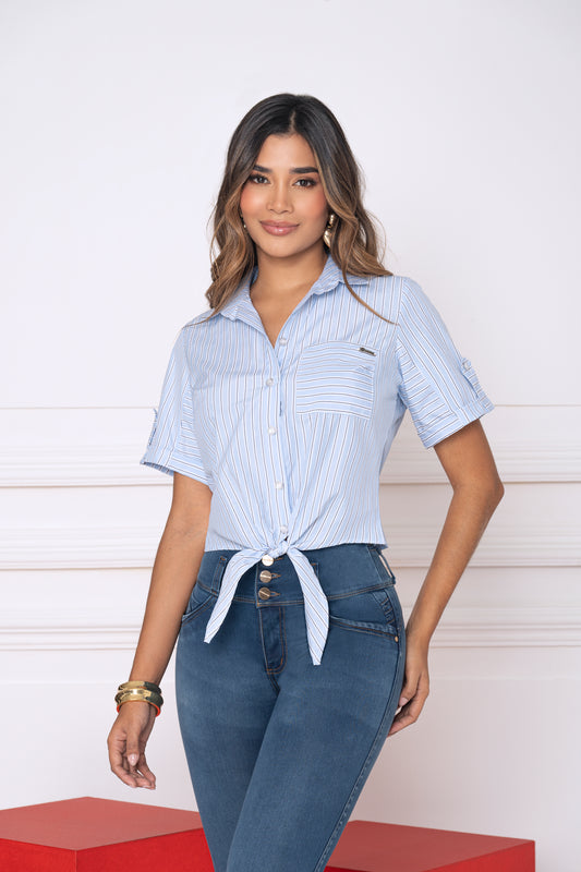 Blusa Azul Rayas Popelina Ref A-745