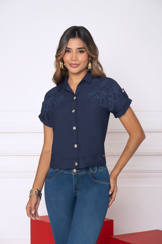Blusa Azul Chalis con Detalle Estampado en Relieve Ref A-773