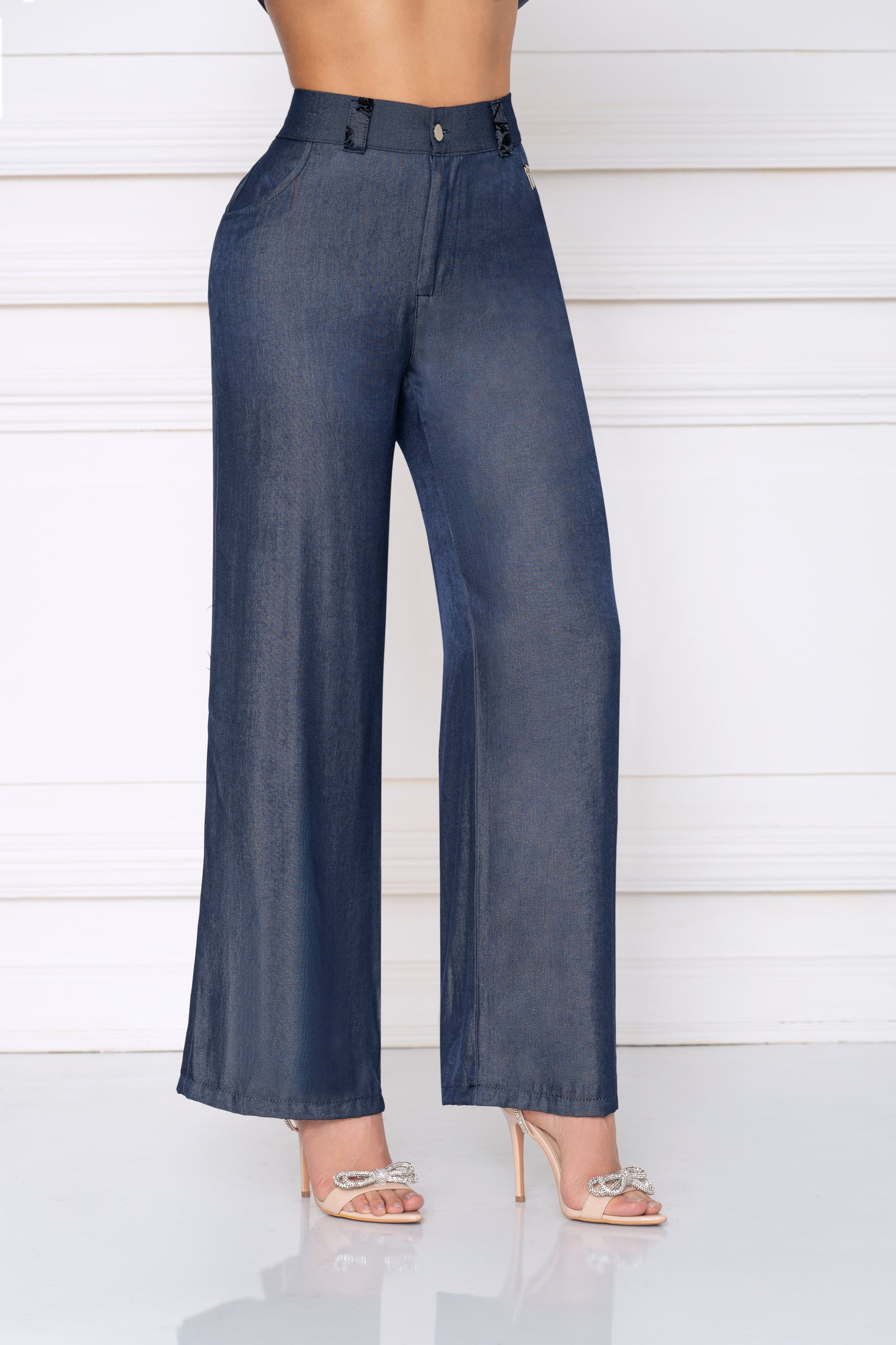 Pantalón Chambray Pasadores con Textura Wide Leg Ref A-777