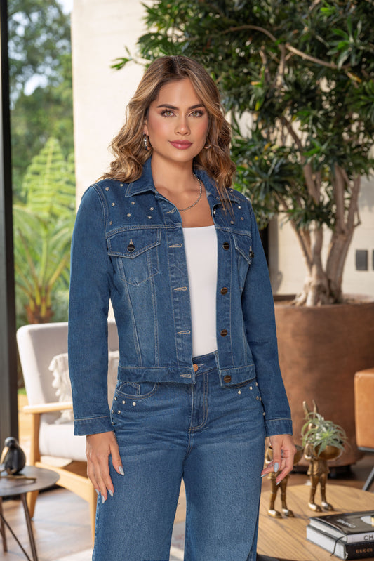 Chaqueta Denim Indigo Rígido Con Pedrería Ref B-662