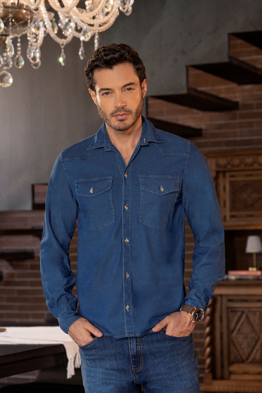 Camisa Hombre Chambray Azul Ref R-639