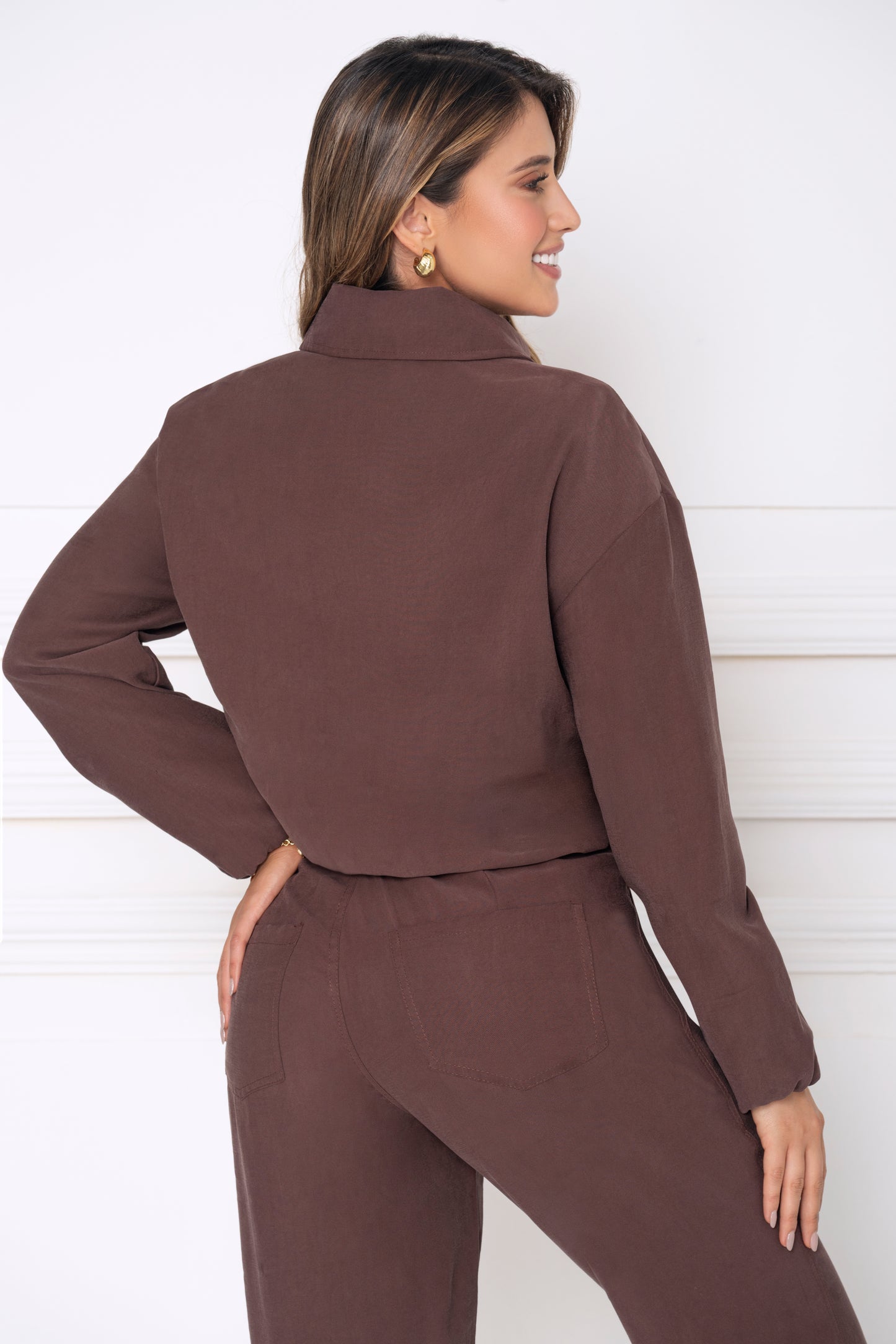 Chaqueta Tejido Plano Twill Efecto Durazno Café Ref L-764